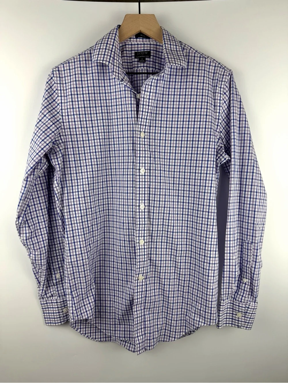 J Crew Men’s Plaid Gingham Button Up Flex Wrinkle Free Small Purple Blue Preppy